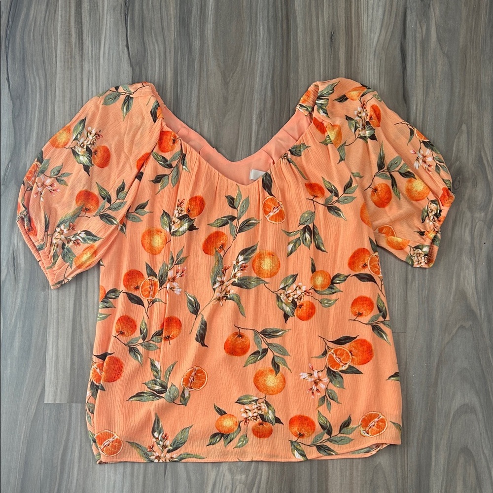 LOFT Orange Floral Puff Sleeve Blouse